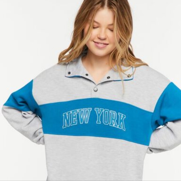 Forever 21 Heathered gray and blue New York drop shoulder collared sweater L - Picture 2 of 8